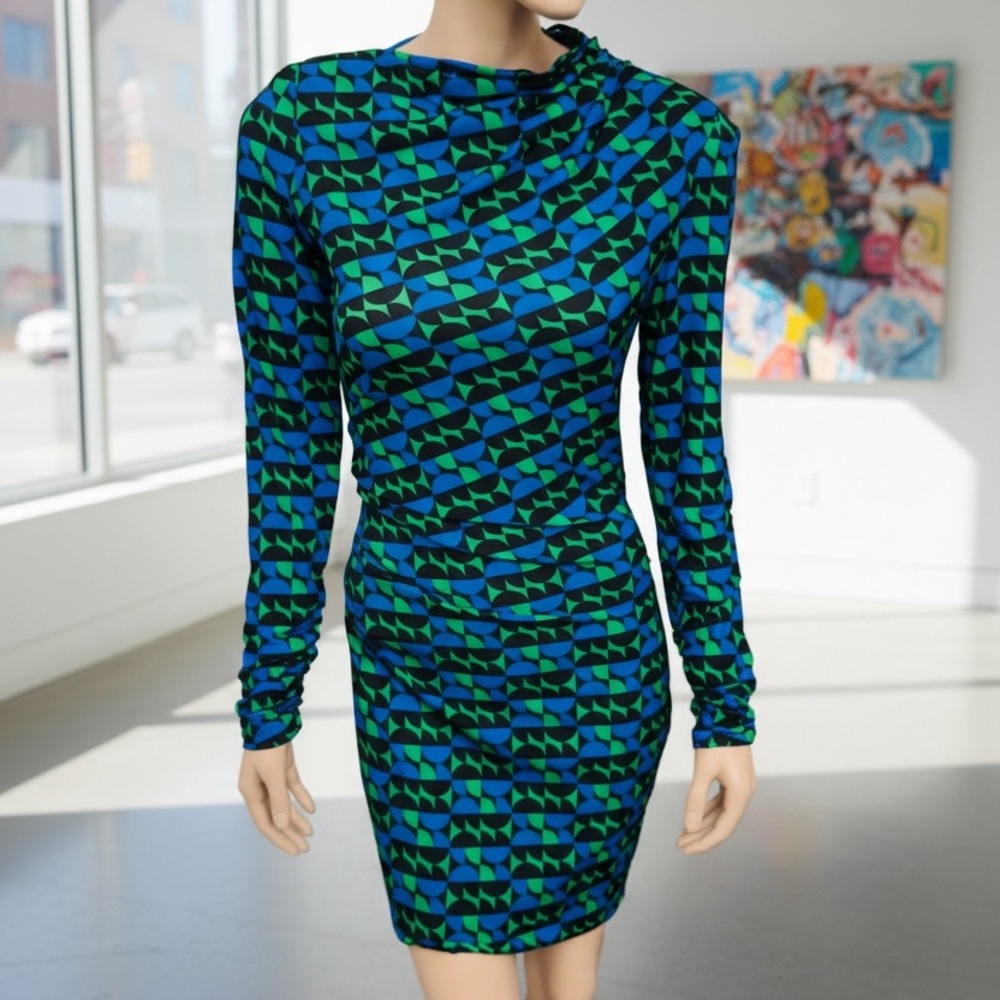 Zara Blue & Green Geometric Long-Sleeve Bodycon Dress Size S